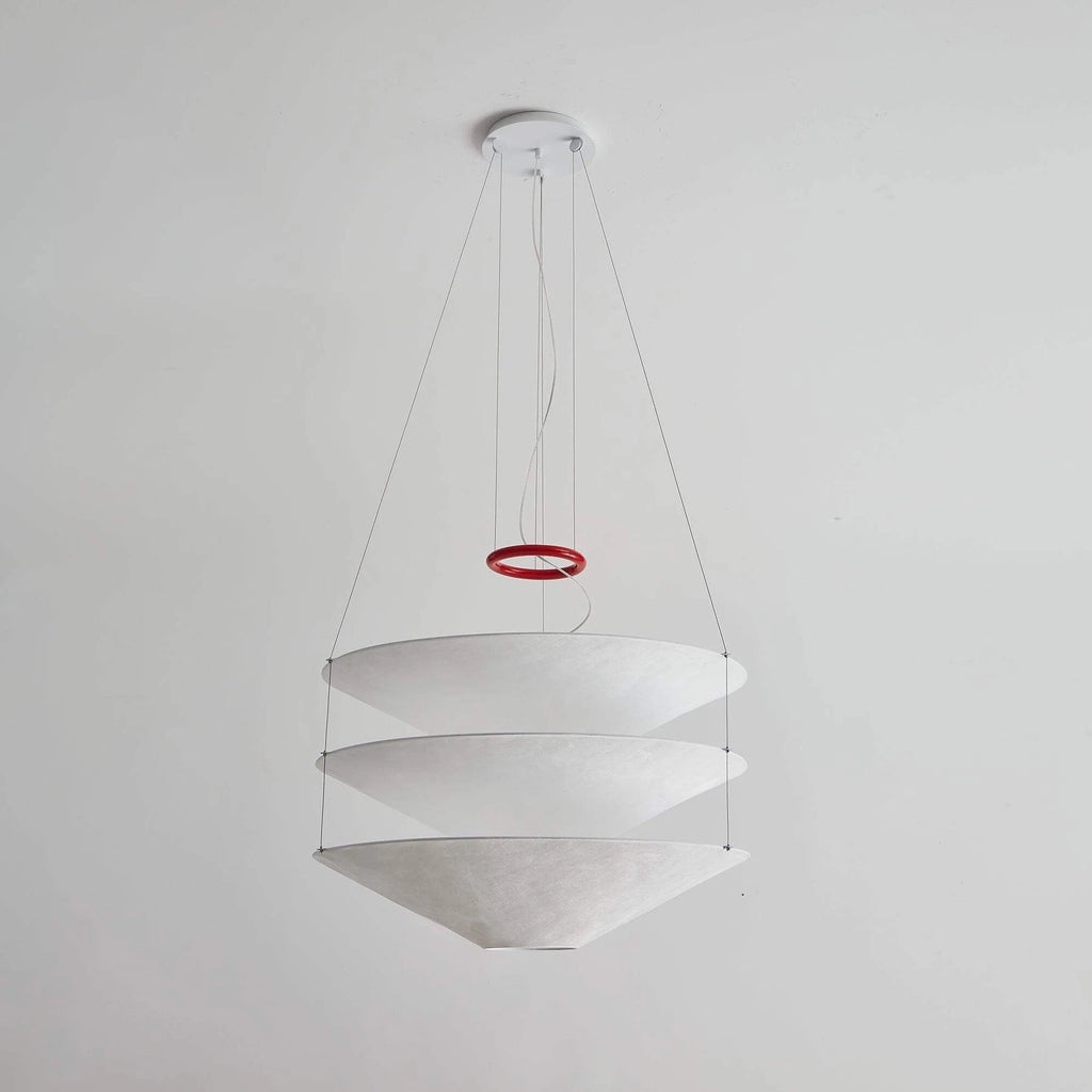 Angled View of Illuminated Modern Cascading White Fabric Chandelier