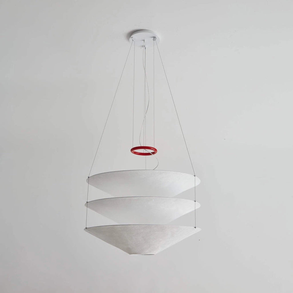 Illuminated Modern Cascading White Cone Fabric Art Chandelier Studio Shot