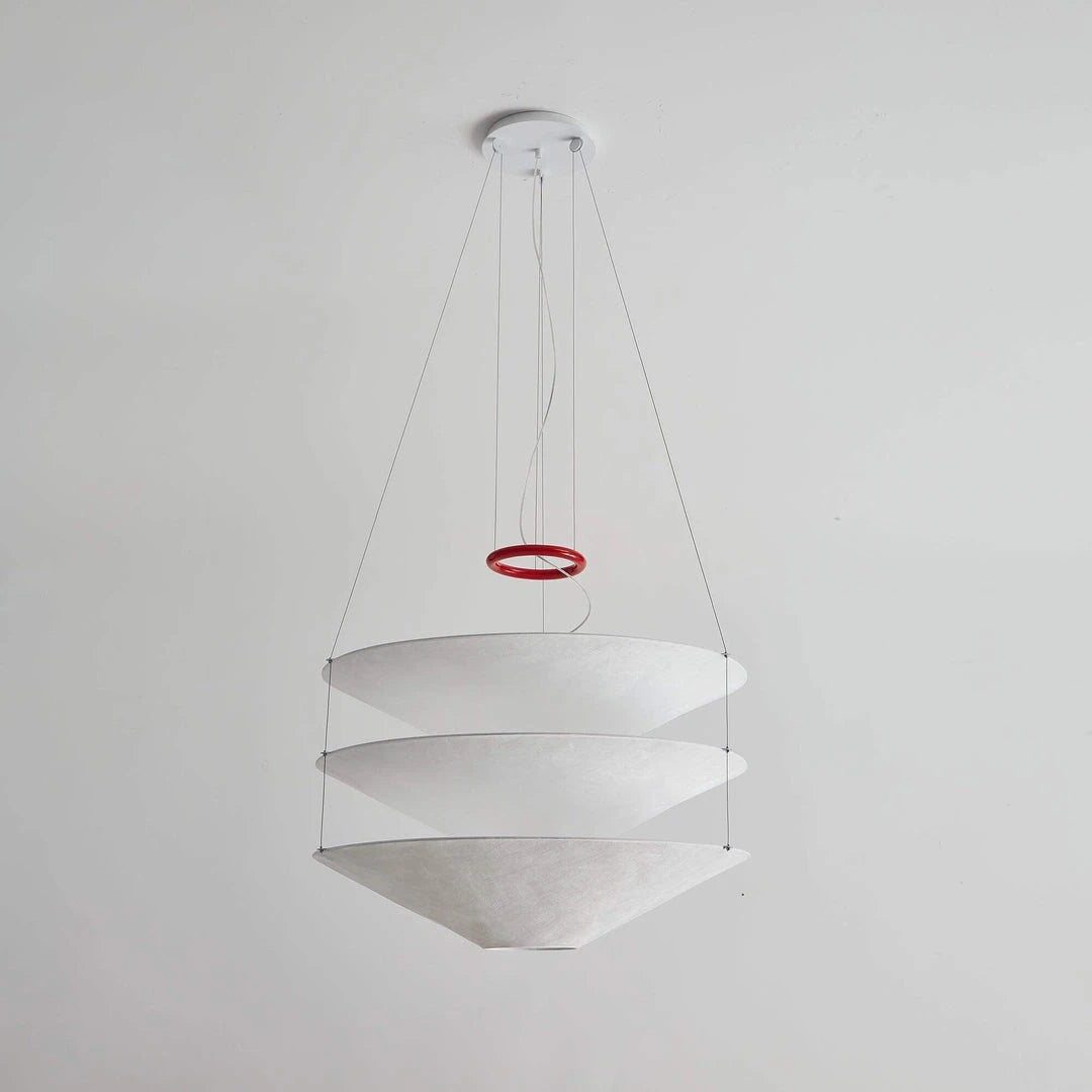 Illuminated Modern Cascading White Cone Fabric Art Chandelier Studio Shot