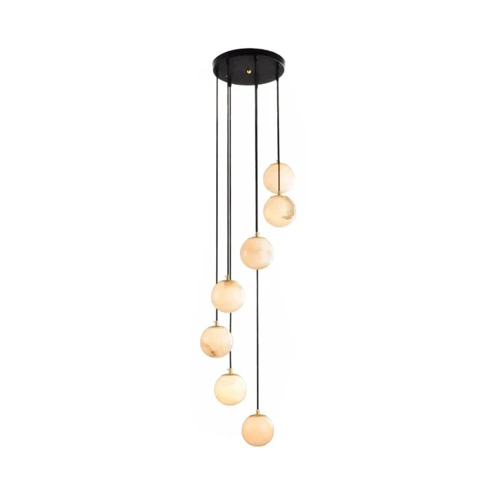 Modern 7 Light Globe Alabaster Spiral Staircase Chandelier on Pure White Background