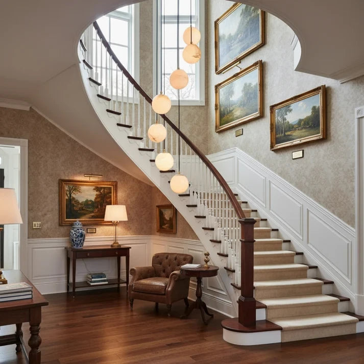 Multi Light Globe Alabaster Chandelier Over Spiral Staircase