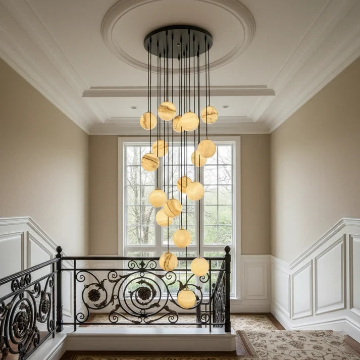 Cascading Globe Alabaster Chandelier Over Grand Foyer Staircase