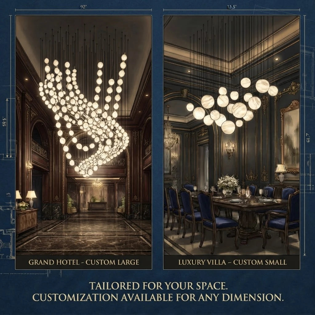 Custom Long Cascade Globe Alabaster Chandelier Showcase Poster