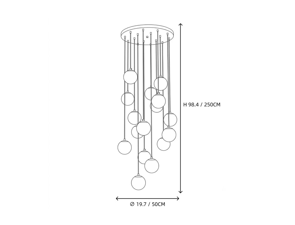Light Cascading Globe Alabaster Chandelier Line Art Dimension Diagram