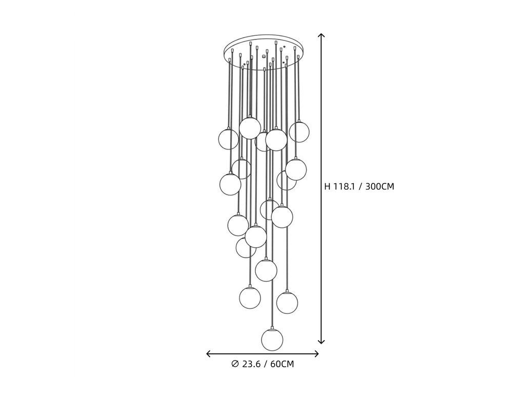 Light Cascading Globe Alabaster Chandelier Line Art Dimension Diagram