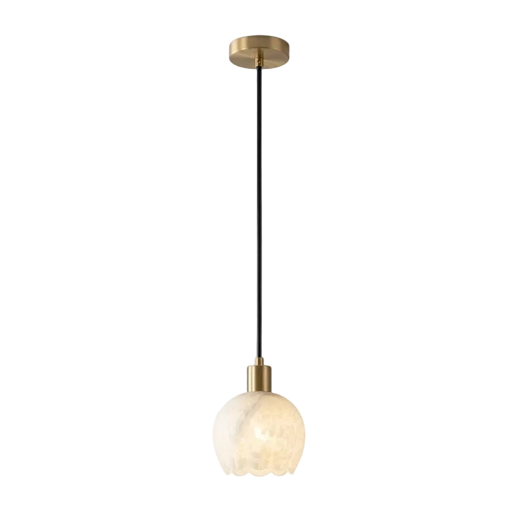 Modern Round Alabaster Art Glass Pendant Light with Brass Hardware on Pure White Background