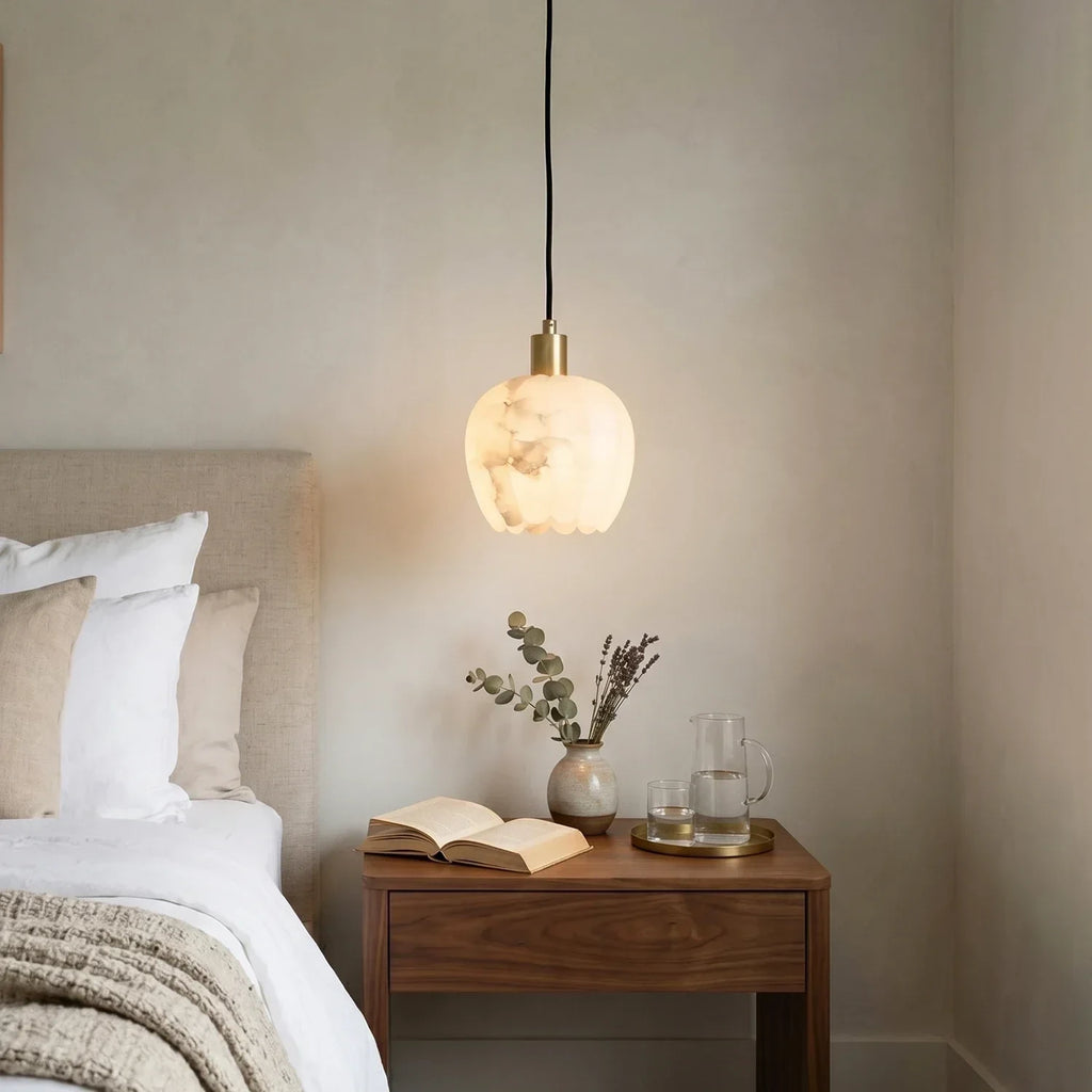 Modern Art Glass Pendant Light Over Bedroom Nightstand