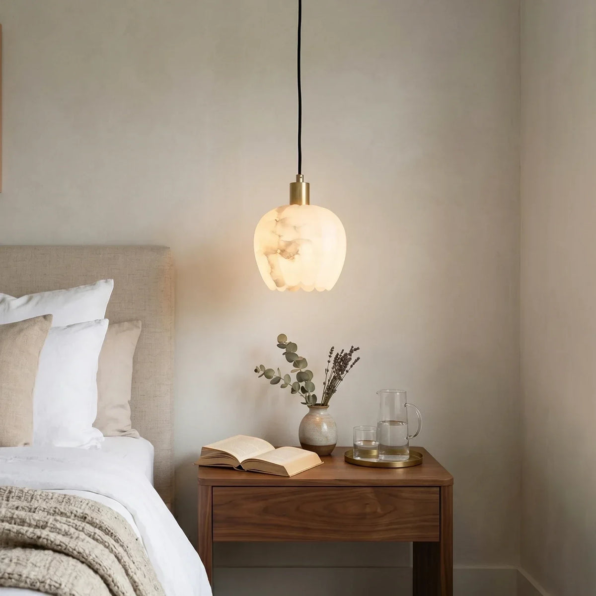Modern Art Glass Pendant Light Over Bedroom Nightstand