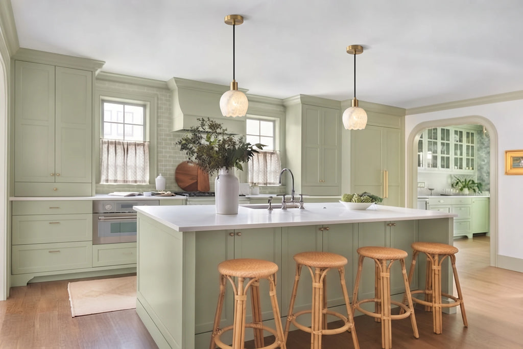 Modern Alabaster Pendant Lights in Bright Kitchen Interior