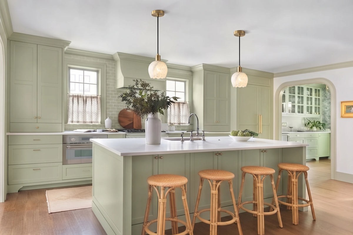 Modern Alabaster Pendant Lights in Bright Kitchen Interior