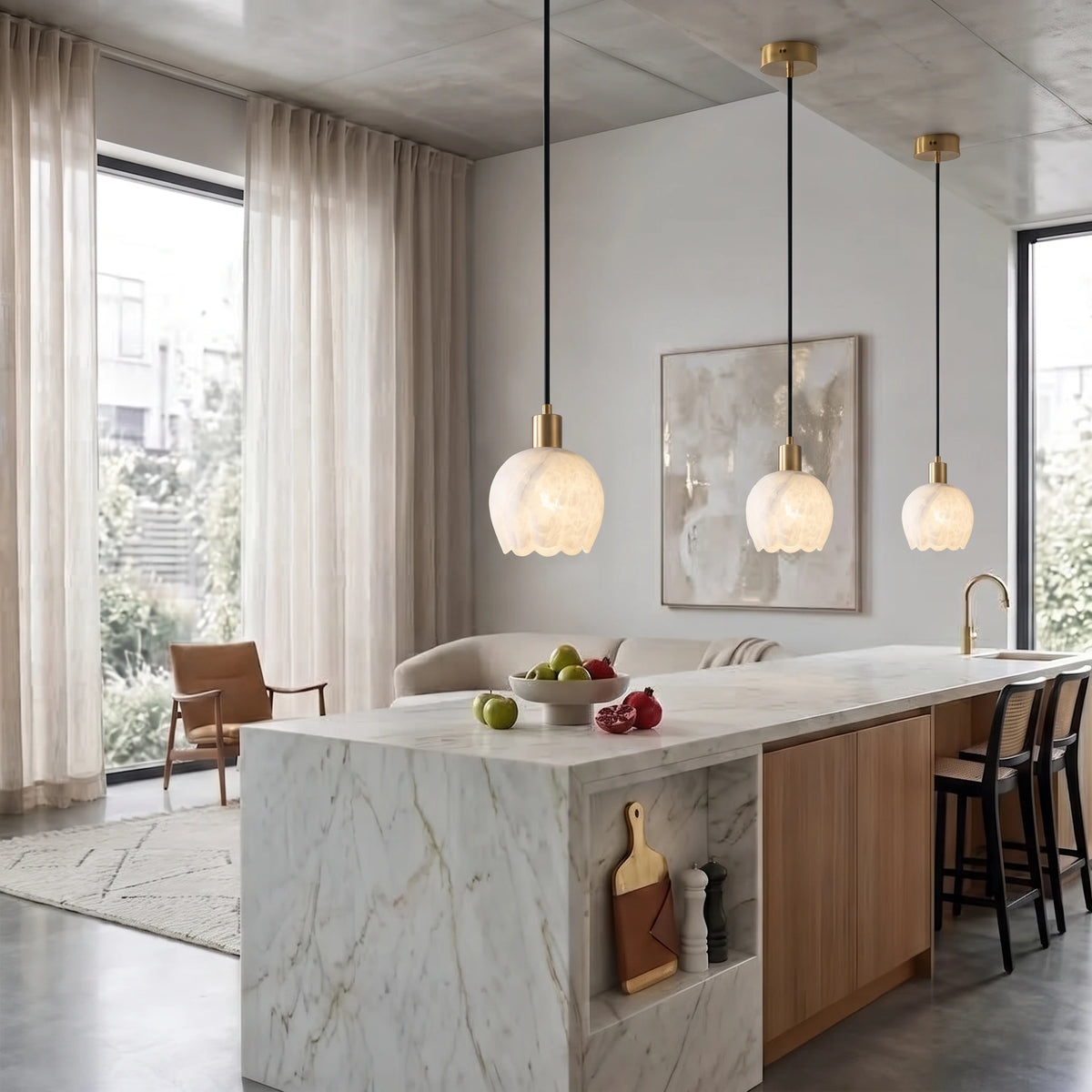 Modern Round Alabaster Pendant Lights Over Kitchen Island