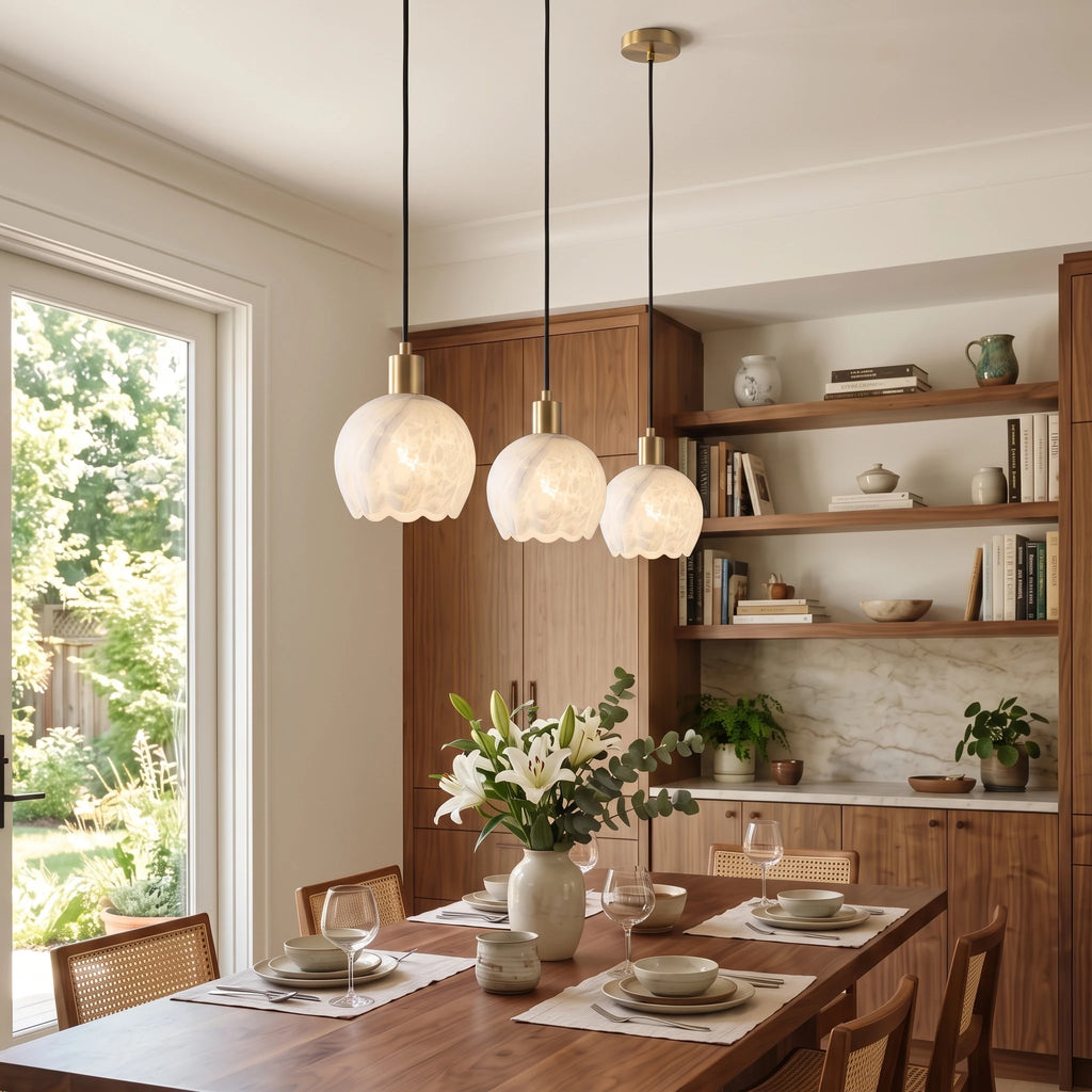 Modern Alabaster Art Glass Pendant Lights Over Dining Room Table