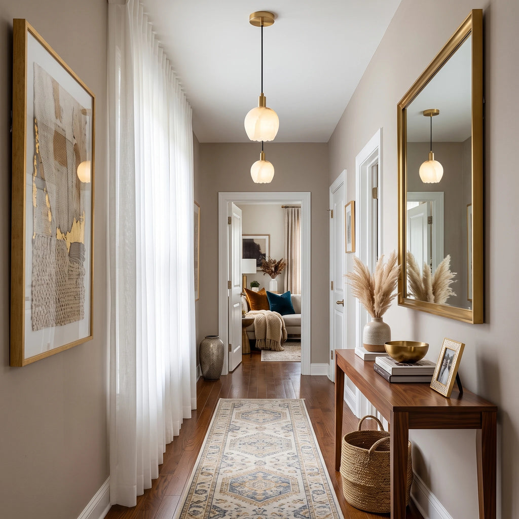 Modern Round Alabaster Pendant Lights Along Hallway Corridor
