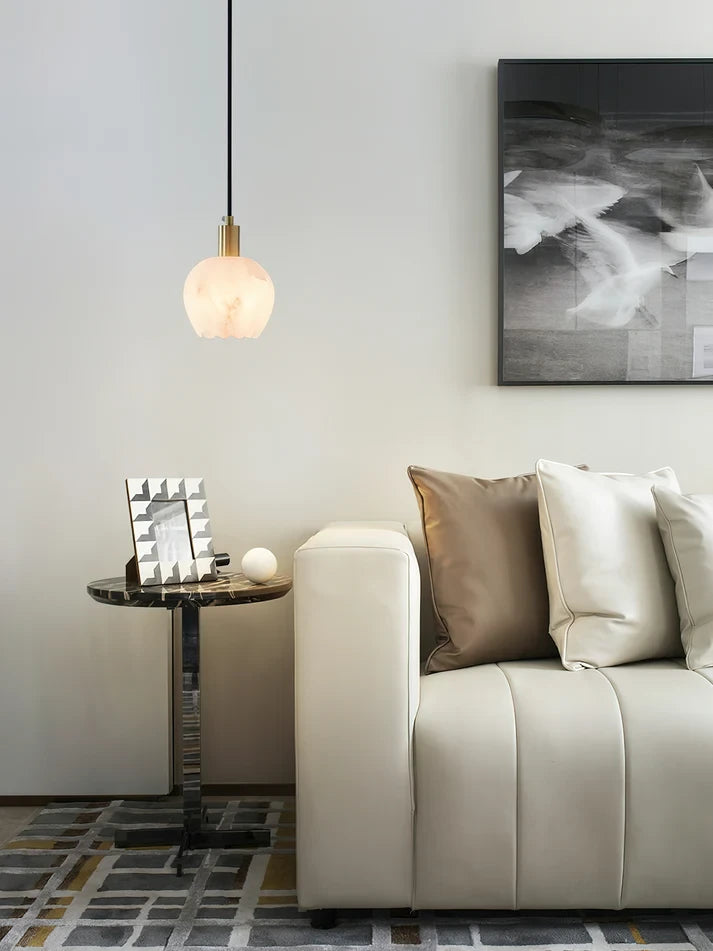 Modern Round Alabaster Pendant Light in Living Room Interior