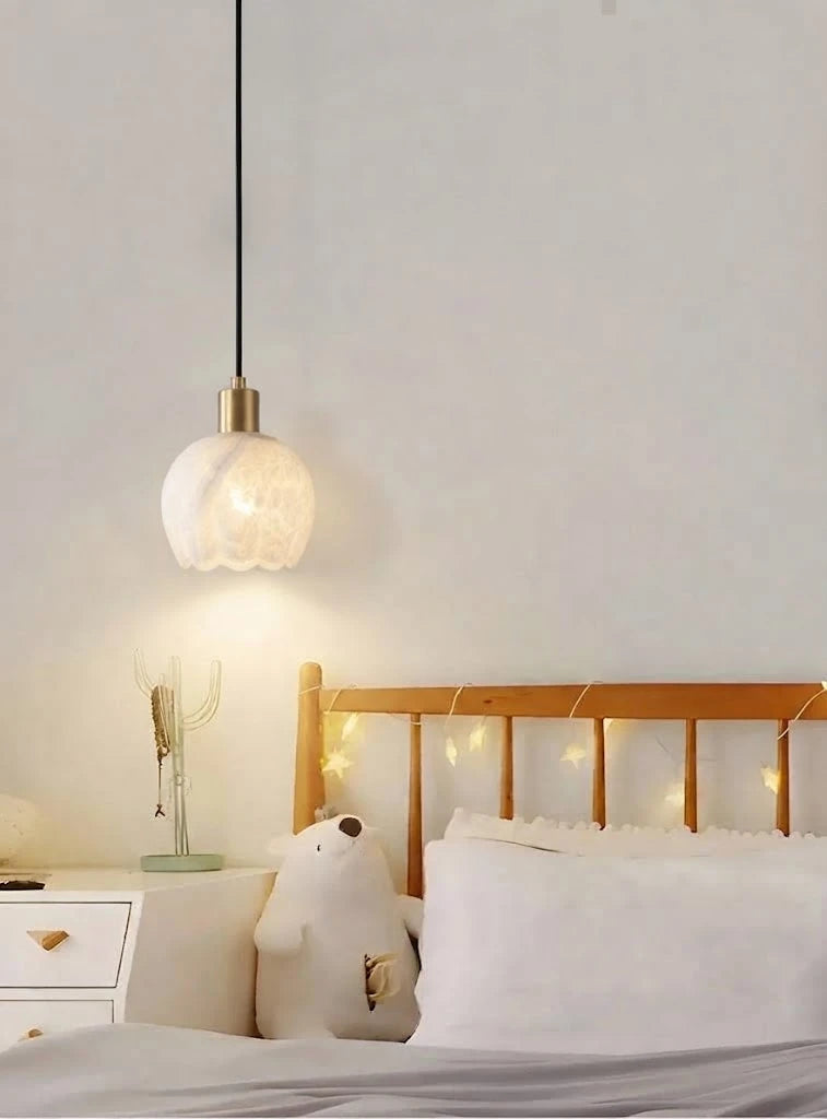 Modern Round Alabaster Pendant Light Over Bedroom Bedside