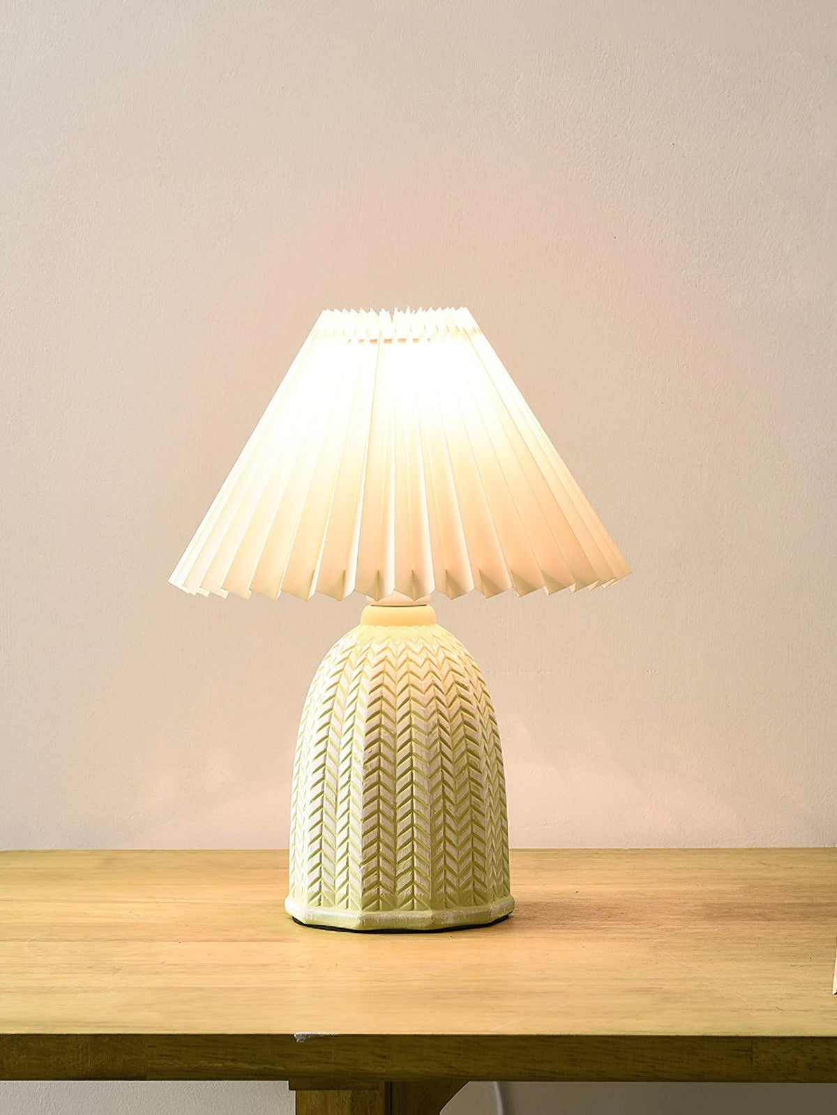 Warm Glowing Floral Pleated Ceramic Lamp Studio Display