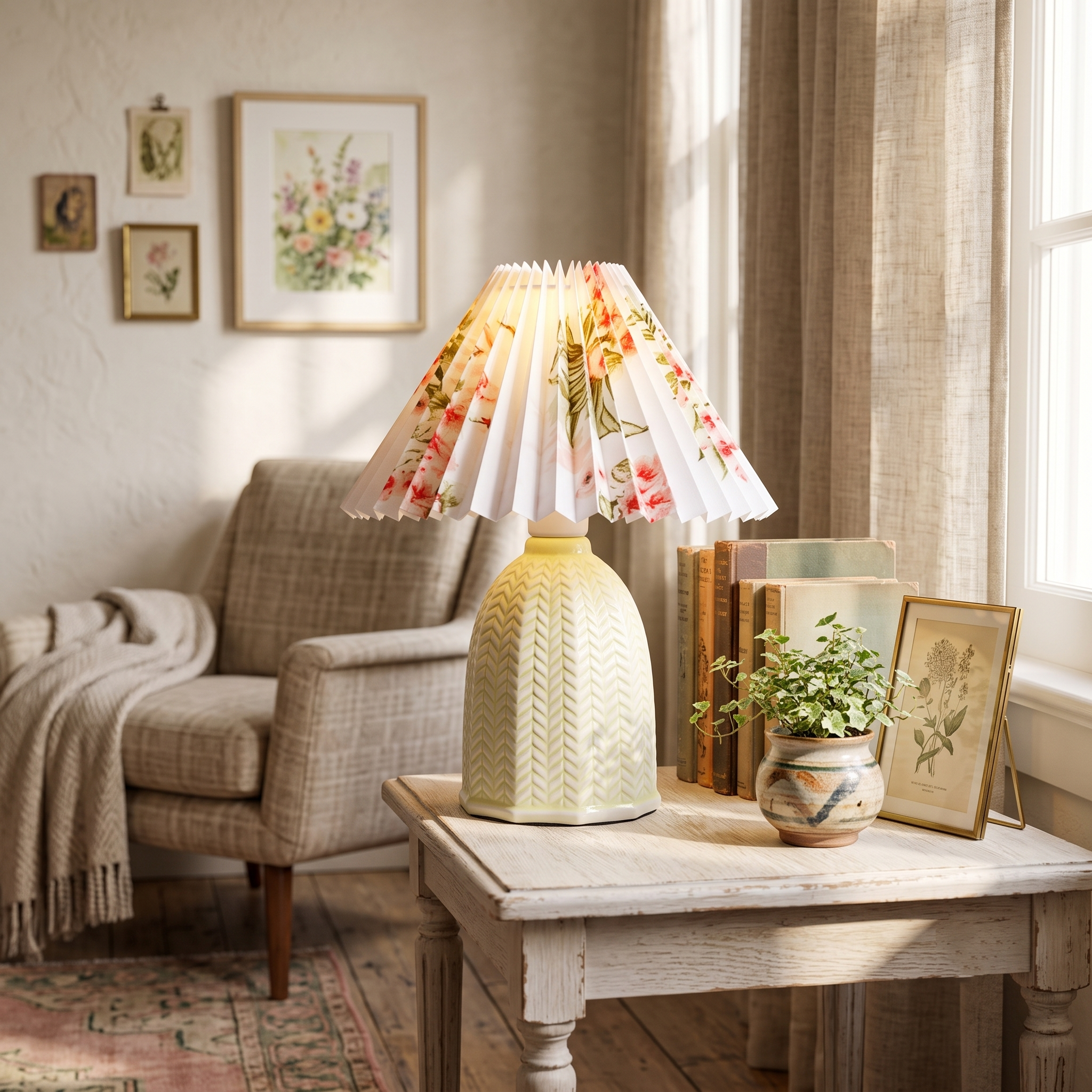 Floral Ceramic Pleated Table Lamp