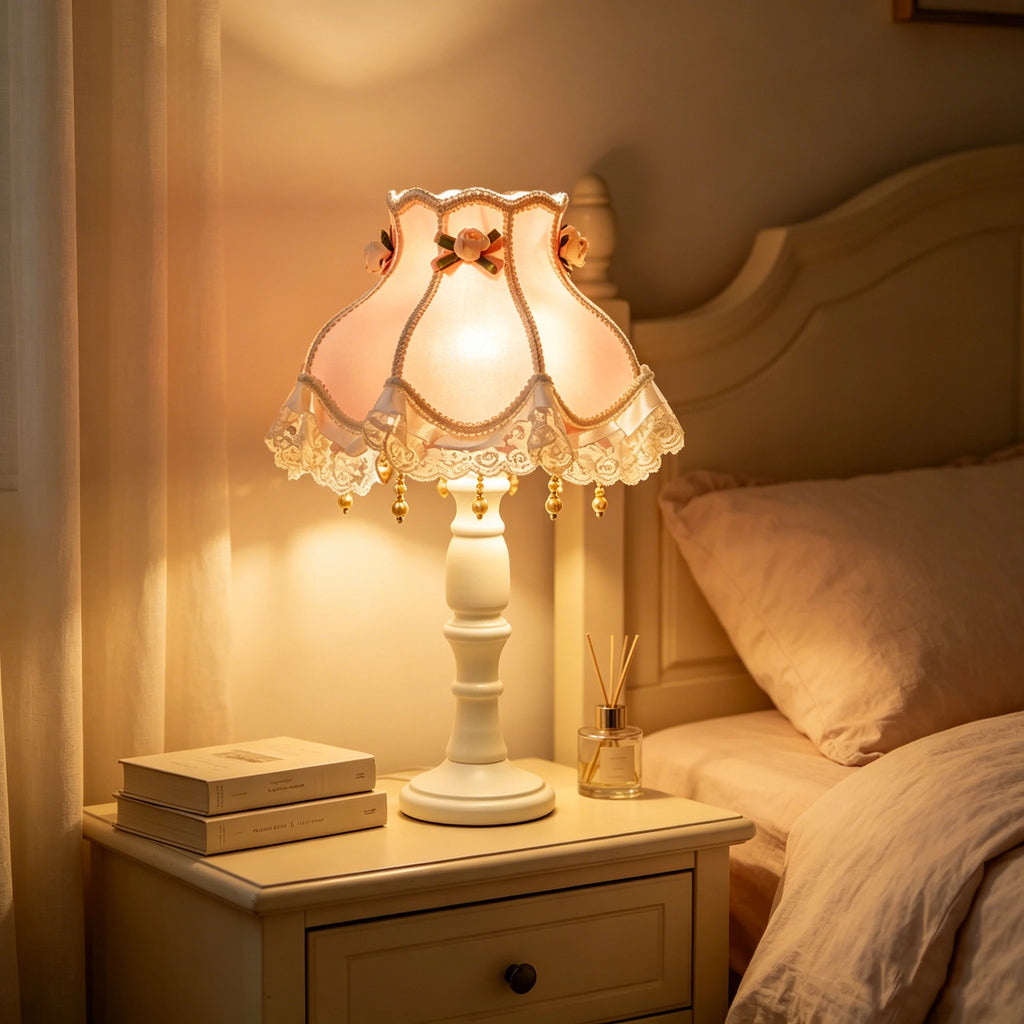 Illuminated Vintage Pink Lace Table Lamp on Nightstand