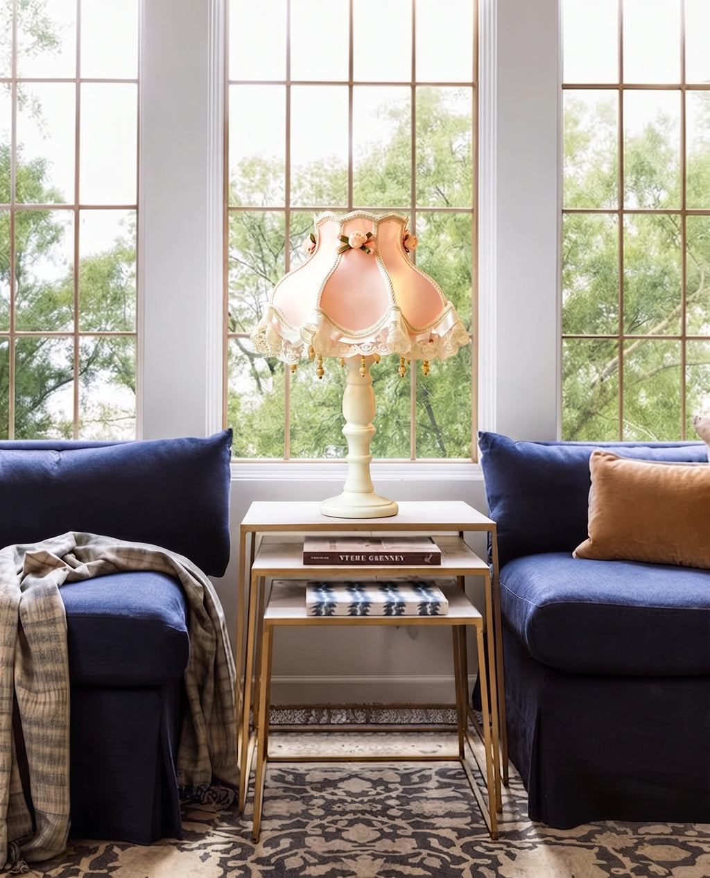 Retro Pink Floral Table Lamp in Living Room Setting