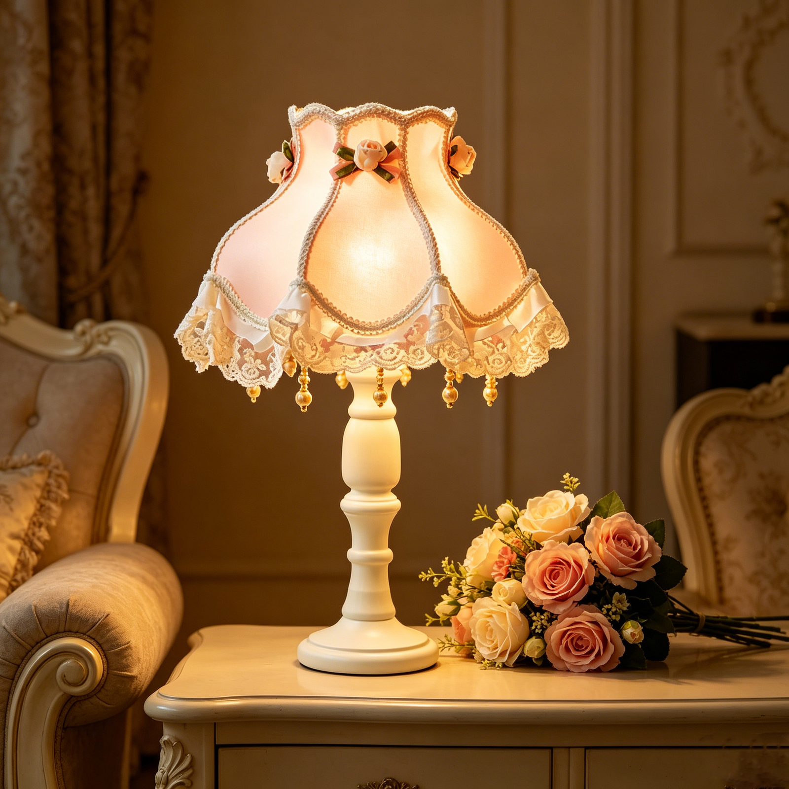 Lampe de table en tissu et dentelle florale