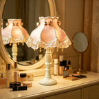Vintage Pink Lace Table Lamp on Vanity Makeup Table