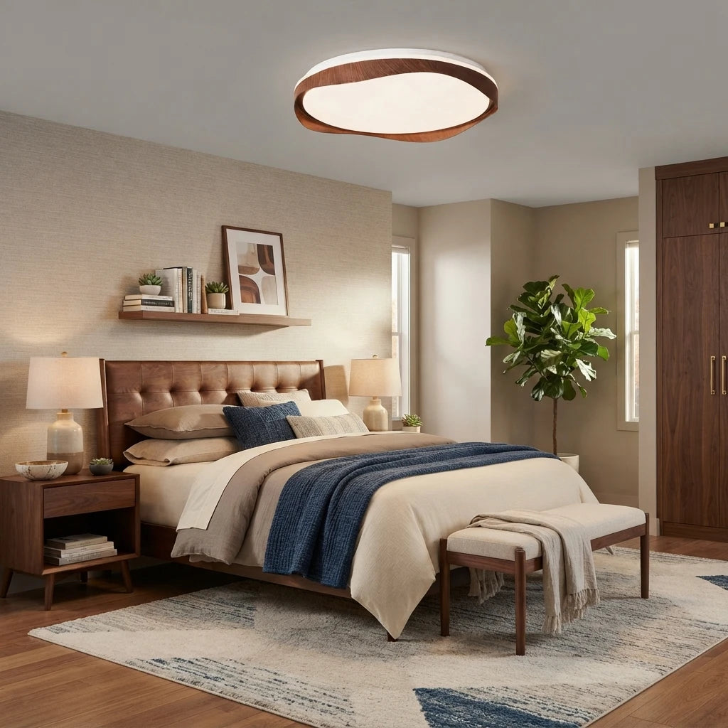 Modern Organic Wood Flush Mount Light in Master Bedroom