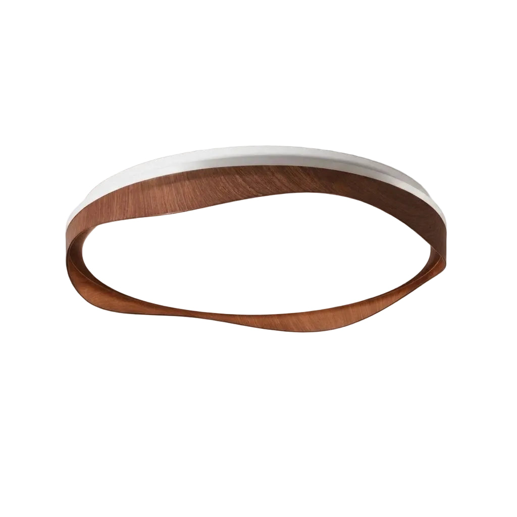Modern Organic Wood Flush Mount Ceiling Light with Wave Design on Pure White Background