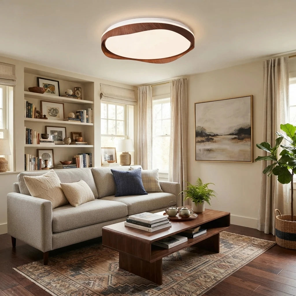 Modern Organic Wood Flush Mount Light in Contemporary Living Room