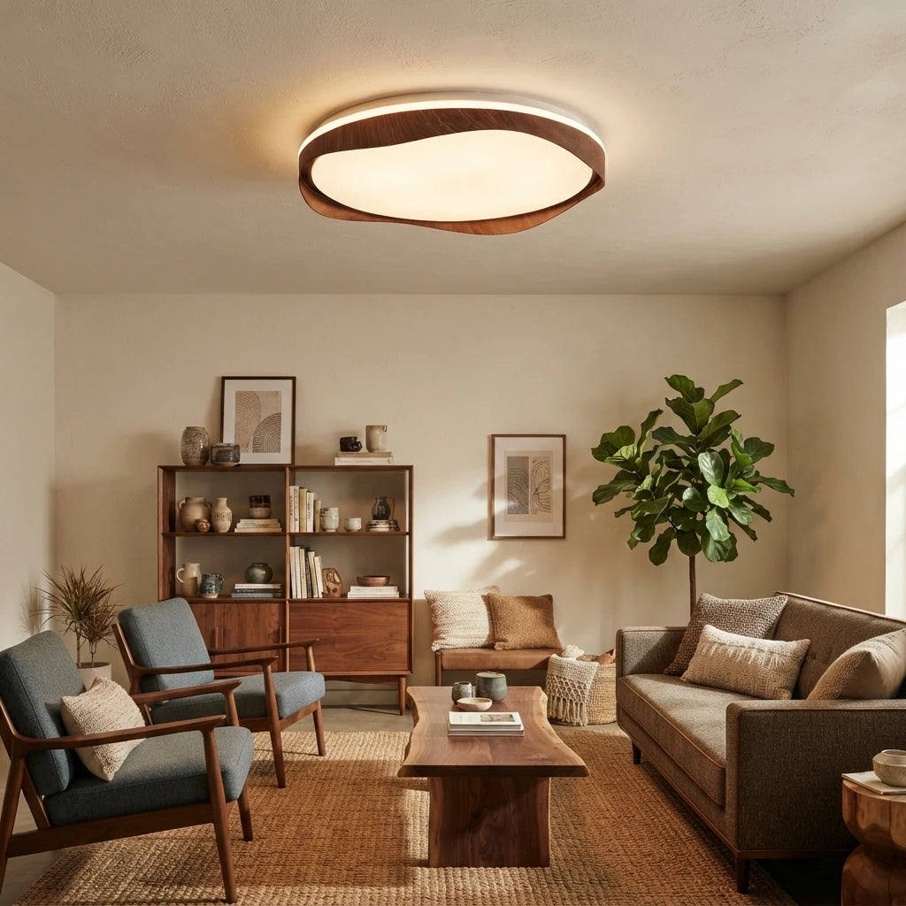 Modern Wood Ceiling Light in Cozy Living Room Interior