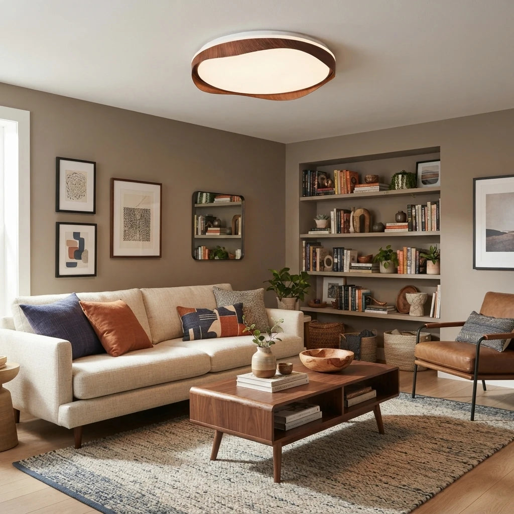 Modern Wood Ceiling Light in Dim Living Room Setting