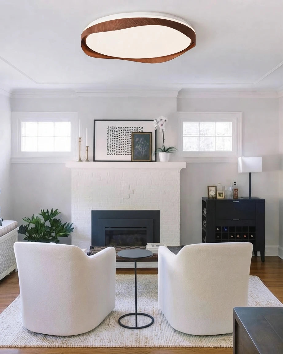 Modern Wood Ceiling Light in Living Room with Fireplace