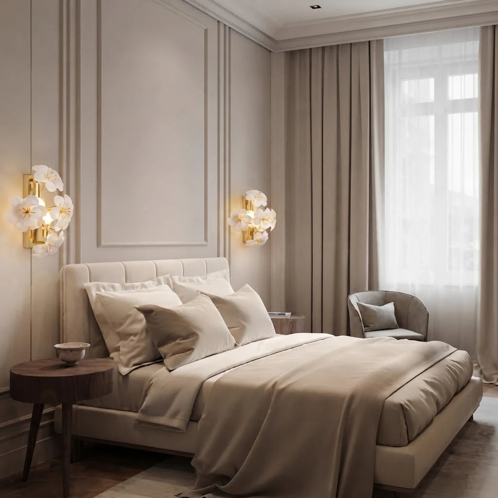 Modern White Ceramic Petal Wall Sconces in Luxury Bedroom Interior