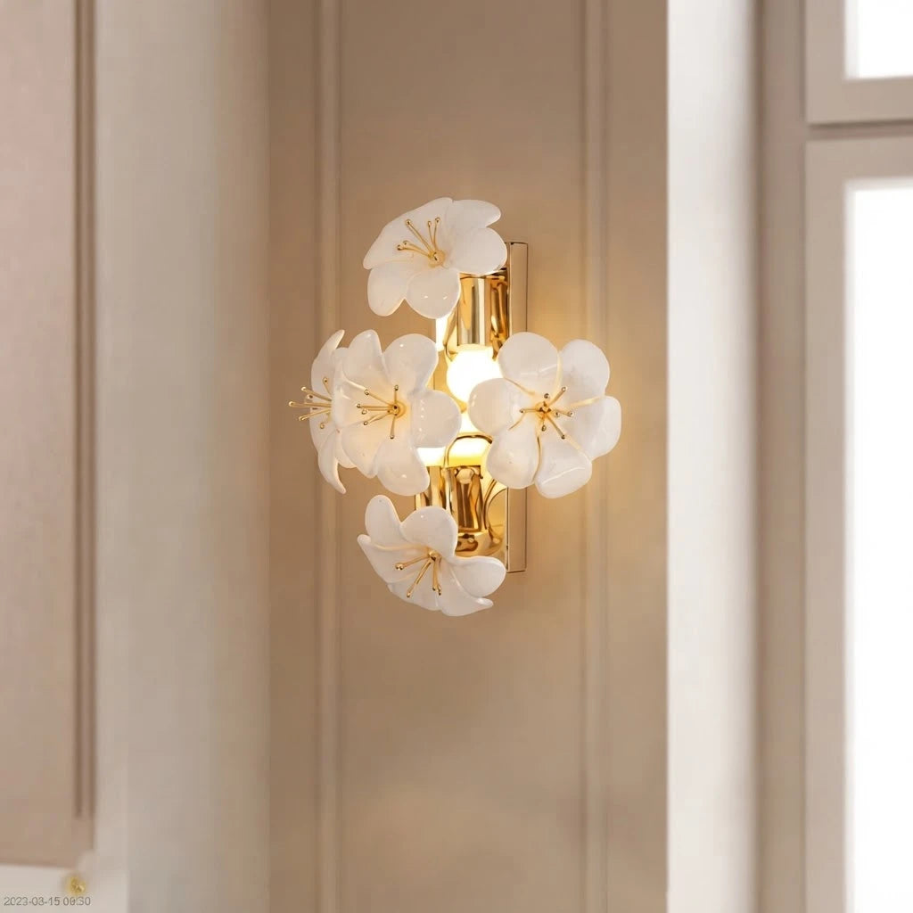 Angled View of Modern White Ceramic Petal Wall Sconce Studio Display