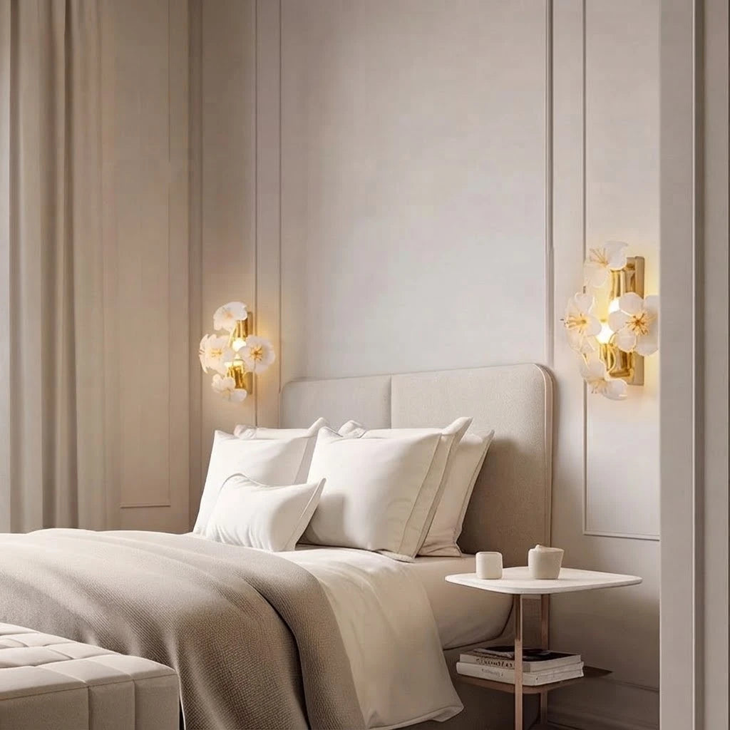 Modern White Ceramic Flower Wall Sconces in Cozy Bedroom