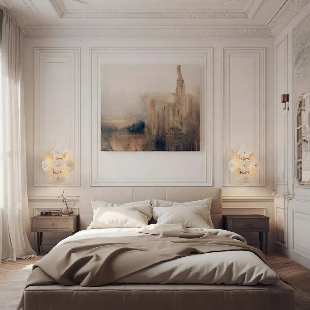 Modern White Ceramic Flower Wall Sconces in Stylish Bedroom Interior