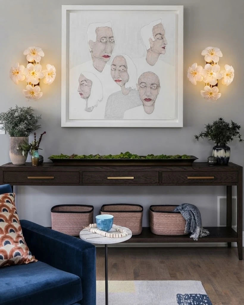 Modern White Ceramic Petal Wall Sconces Over Credenza and Artwork
