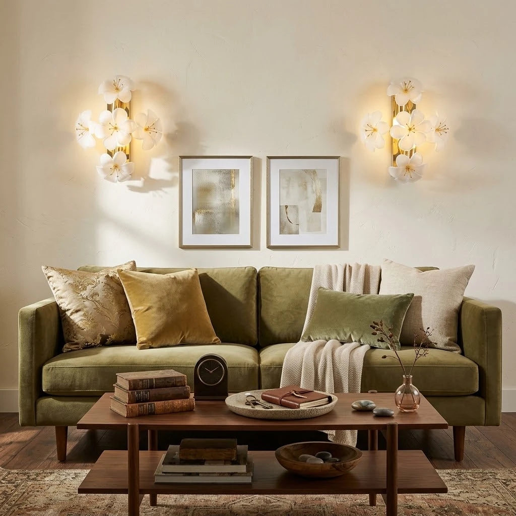 Modern White Ceramic Petal Wall Sconces in Living Room Setting