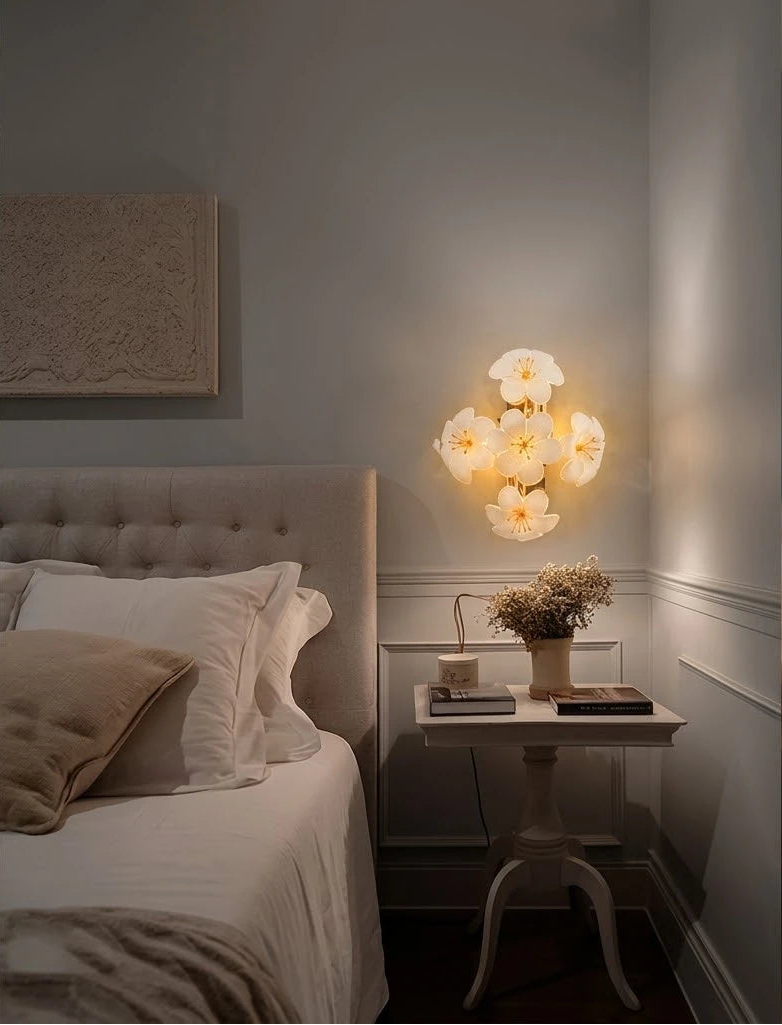 Modern White Ceramic Petal Art Wall Sconce in Master Bedroom Setting