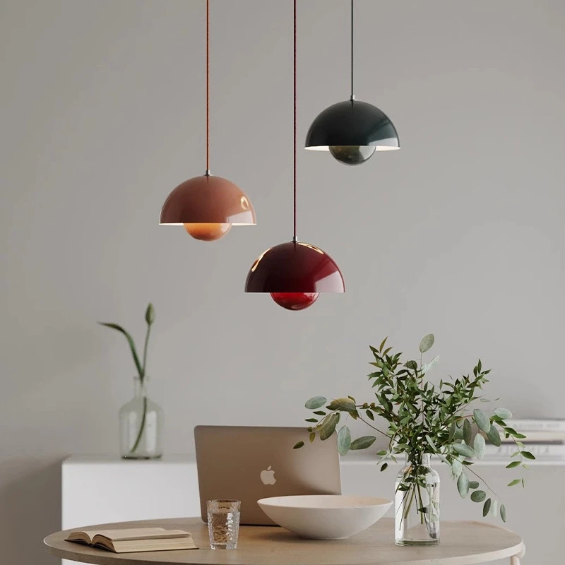 Three Flowerpot Pendant Lights above dining table, mushroom dome nordic hanging lamps, modern home office interior scene decoration