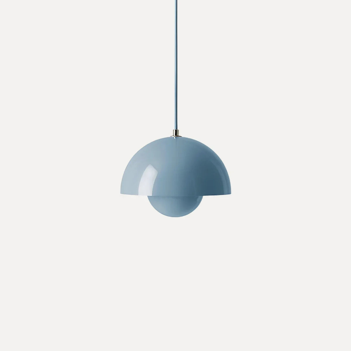 Glossy dusty blue Flowerpot Pendant Light, unlit mushroom dome hanging lamp, scandinavian ceiling light on off-white background