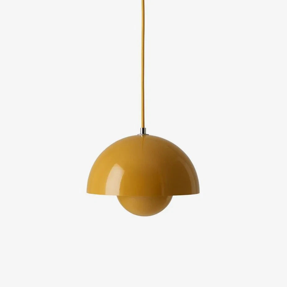 Glossy mustard yellow Flowerpot Pendant Light, unlit mushroom dome hanging lamp, scandinavian ceiling light on clean off-white background