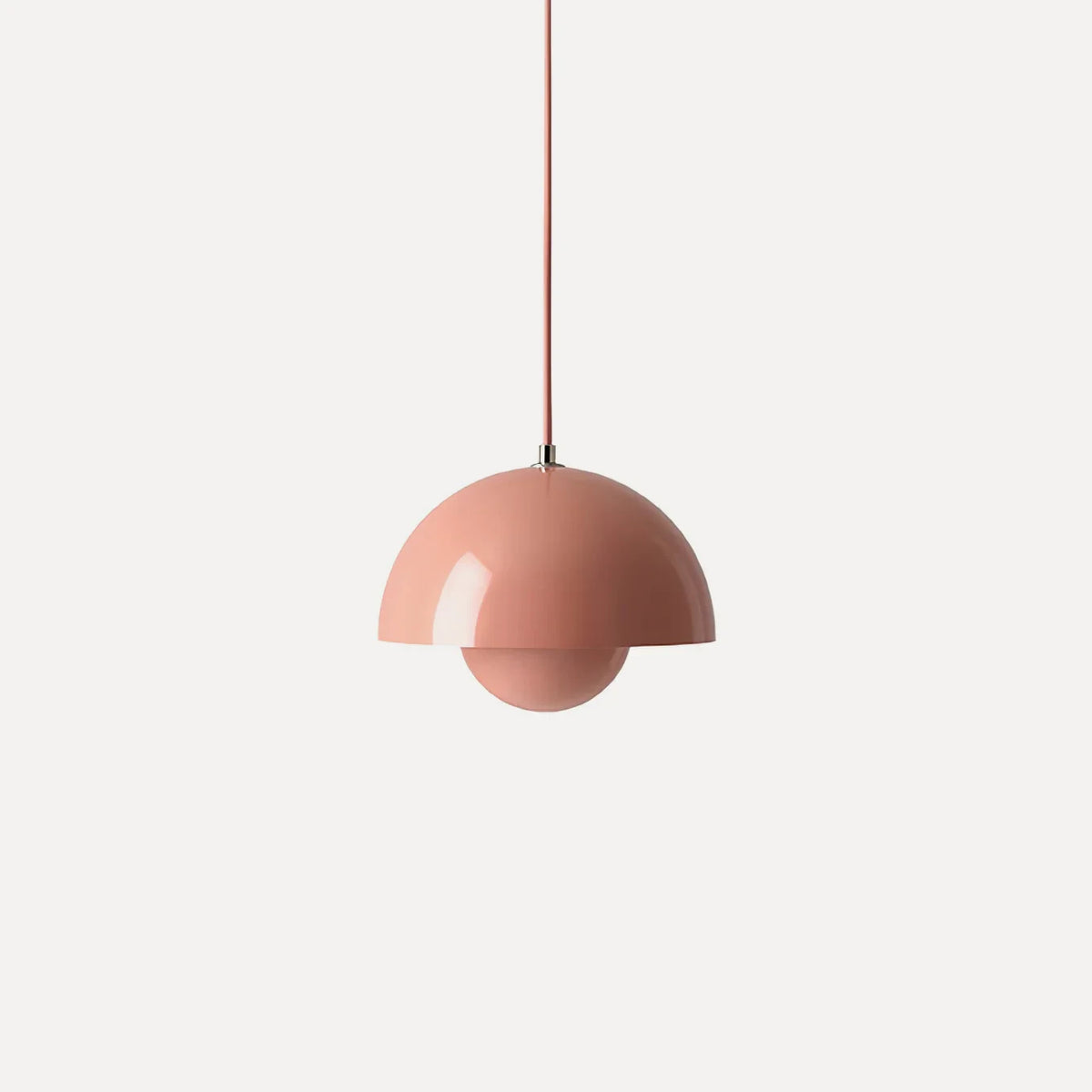 Glossy dusty pink Flowerpot Pendant Light, unlit mushroom dome hanging lamp, scandinavian ceiling light on off-white background