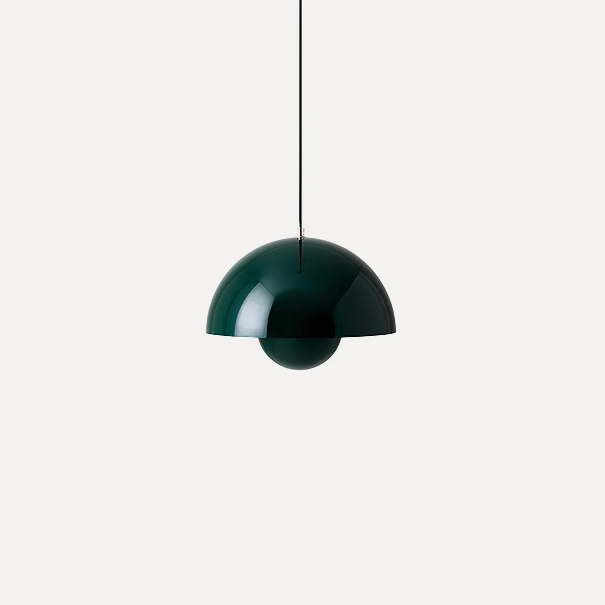 Glossy dark green Flowerpot Pendant Light, unlit mushroom dome hanging lamp, nordic style ceiling light on off-white background