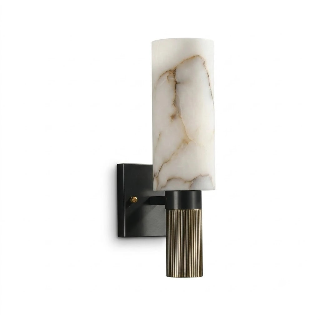 Modern Black Brass Cylinder Alabaster Wall Sconce on White Background