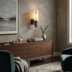 Cylinder Alabaster Wall Sconce over Living Room Credenza