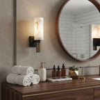 Alabaster Cylinder Vanity Sconce beside Bathroom Mirror