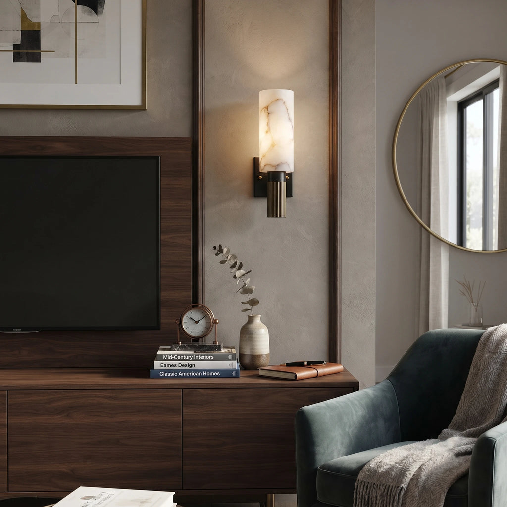 Alabaster Cylinder Wall Sconce Flanking TV Console