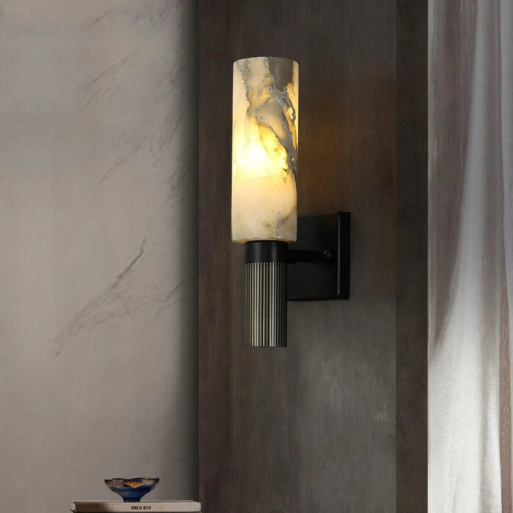 Modern Alabaster Sconce Mounted on Textured Concrete Wall