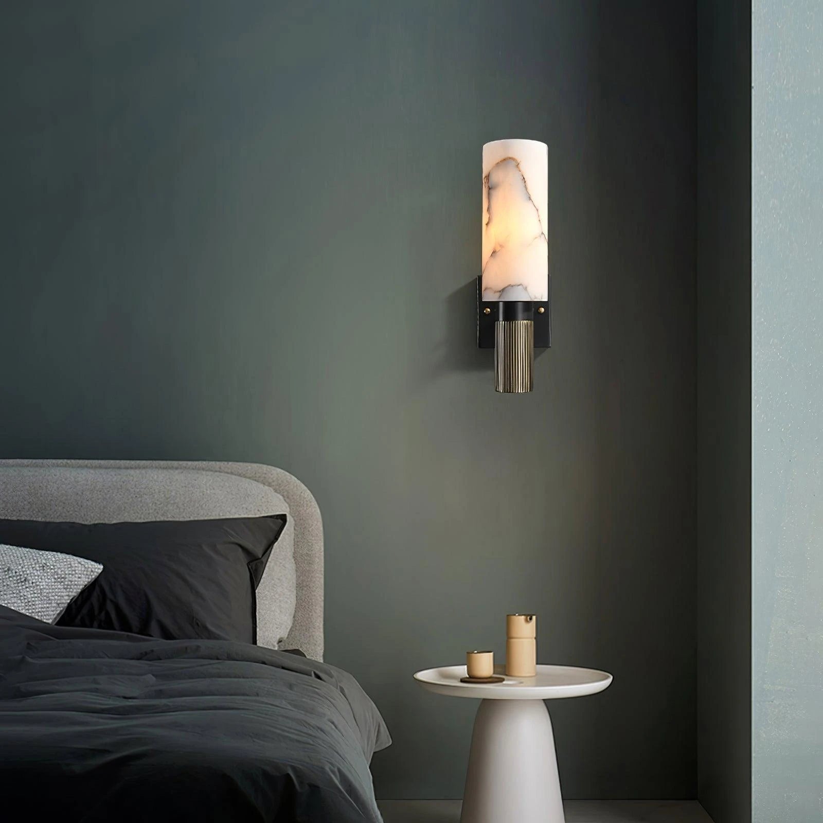 Modern Alabaster Cylinder Sconce as Bedside Light in Bedroom