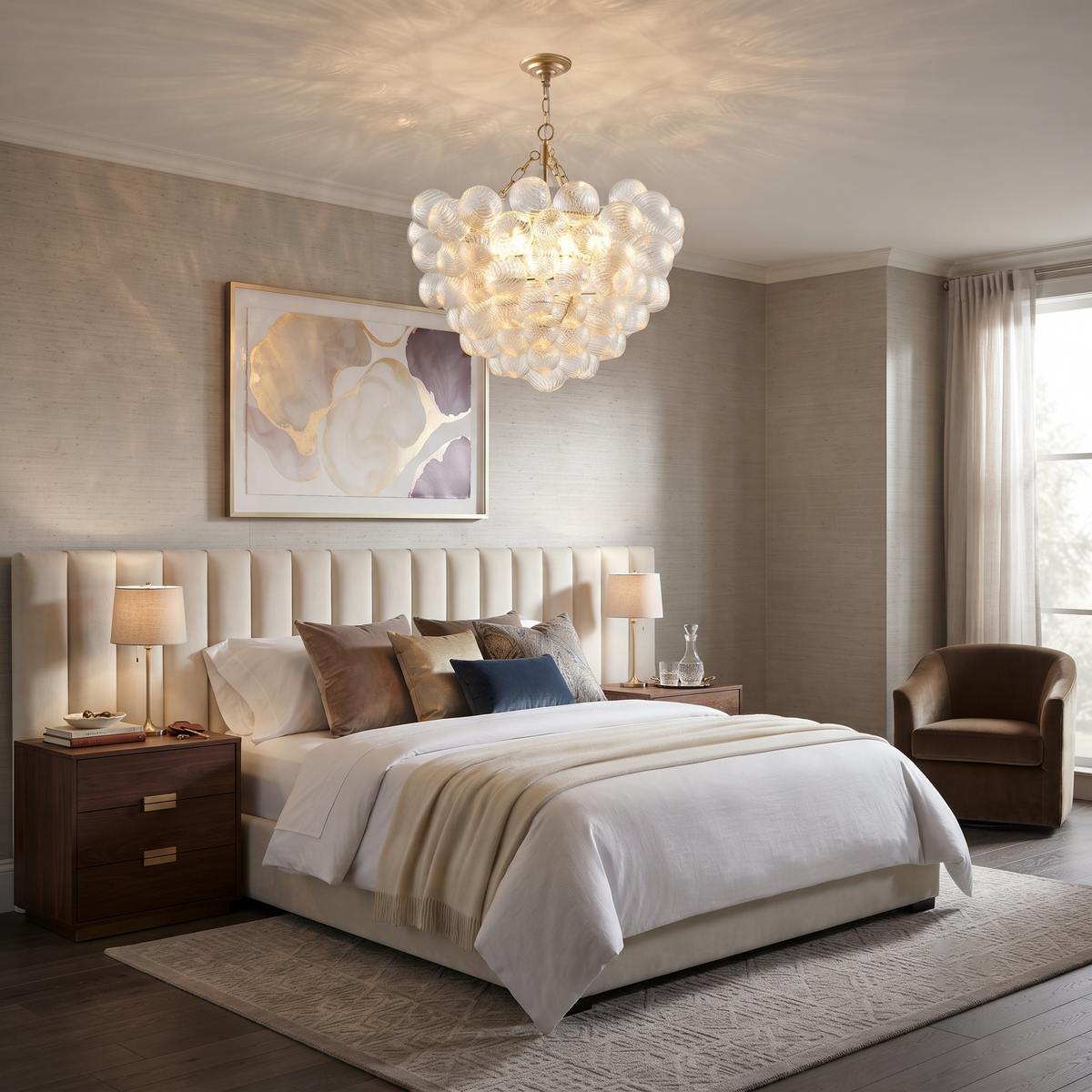 Modern Glass Ball Chandelier Hanging in Elegant Master Bedroom
